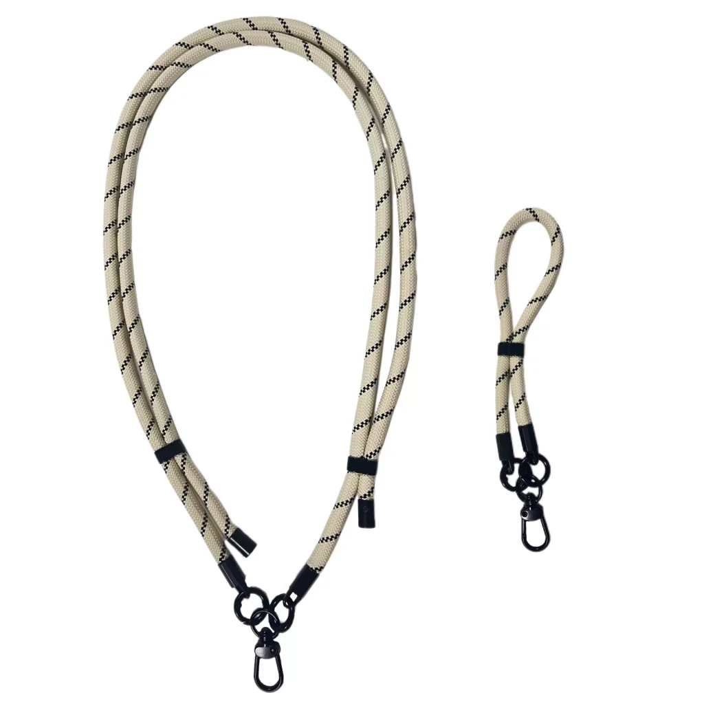 alt="Phone with QR code screen attached to an orange lanyard using small aluminum carabiners for convenient hands-free access"
