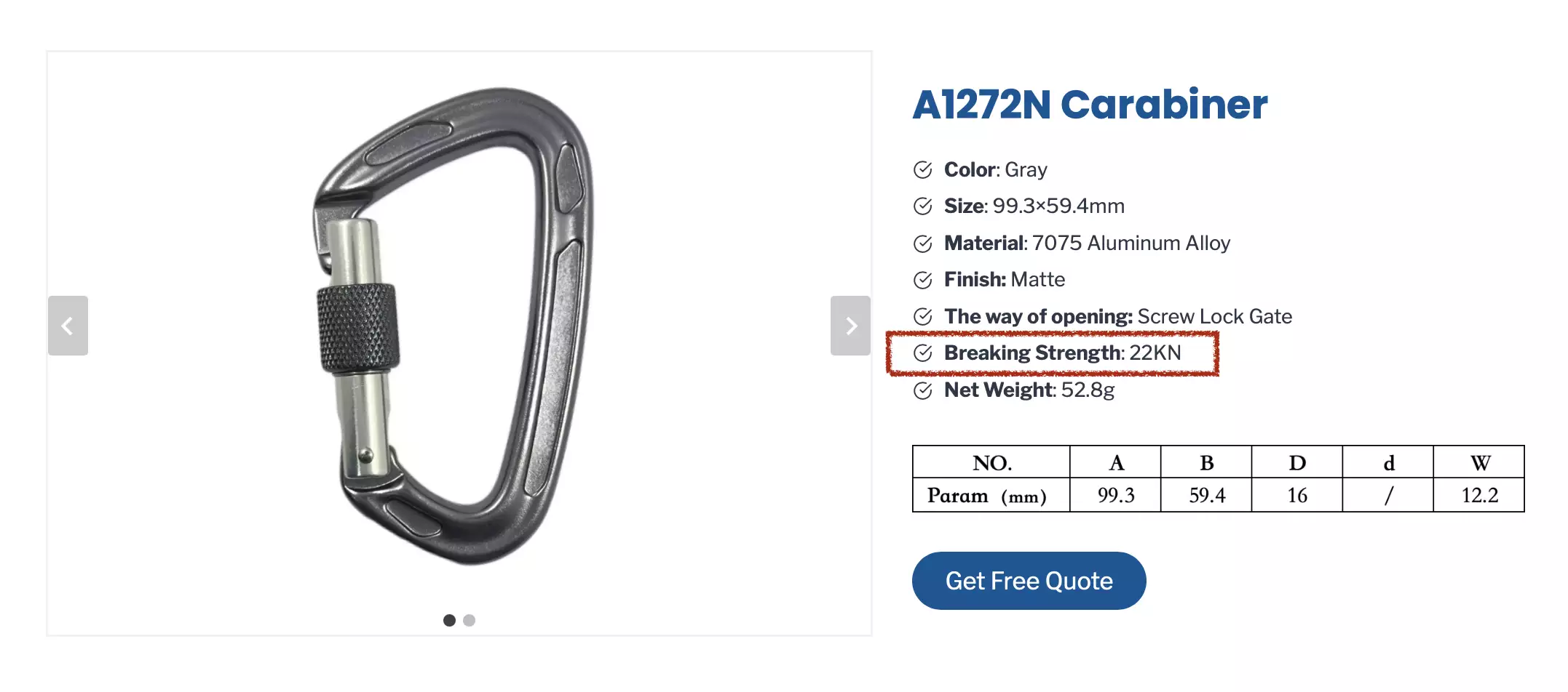 some description: size, finish, breaking strength, and net weight.